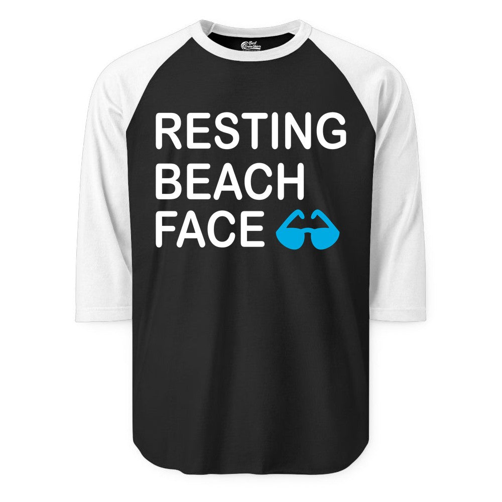 Resting Beach Face Shirt - Funny Beach Shirt with Sunglasses Graphic (Raglan) in BlackWhite - Resting Beach Face Shirt - Funny Beach Phrase With Blue Sunglasses