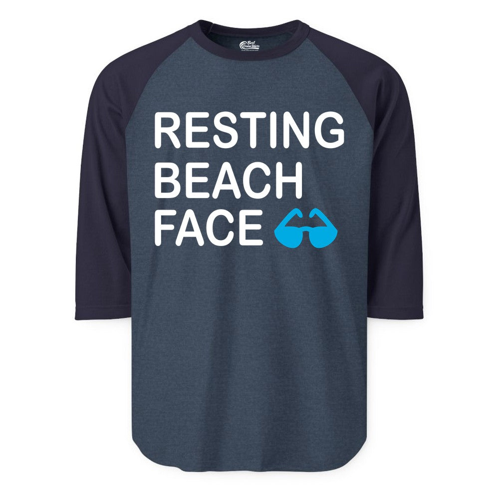 Resting Beach Face Shirt - Funny Beach Shirt with Sunglasses Graphic (Raglan) in Heather DenimNavy - Resting Beach Face Shirt - Funny Beach Phrase With Blue Sunglasses