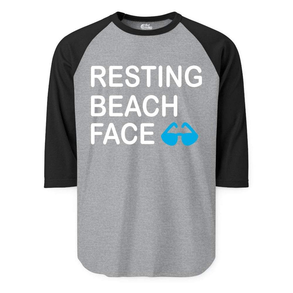 Resting Beach Face Shirt - Funny Beach Shirt with Sunglasses Graphic (Raglan) in Heather GreyBlack - Resting Beach Face Shirt - Funny Beach Phrase With Blue Sunglasses