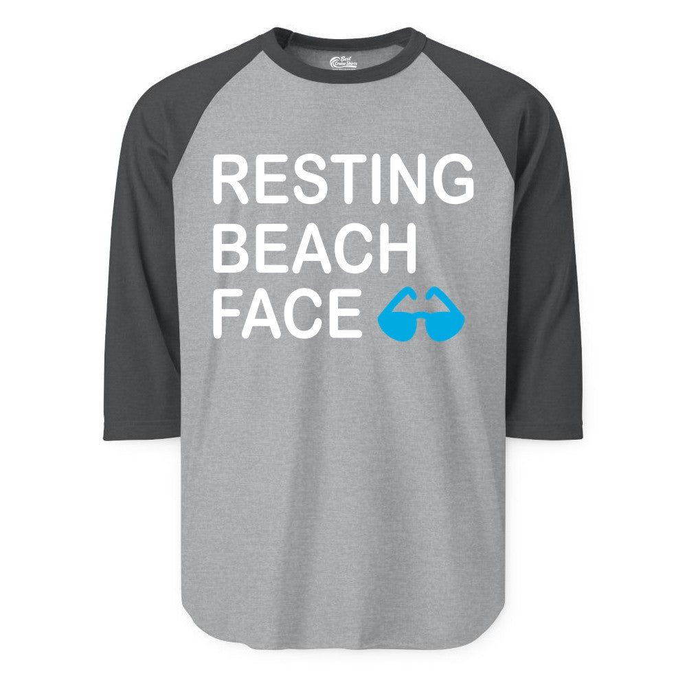 Resting Beach Face Shirt - Funny Beach Shirt with Sunglasses Graphic (Raglan) in Heather GreyHeather Charcoal - Resting Beach Face Shirt - Funny Beach Phrase With Blue Sunglasses