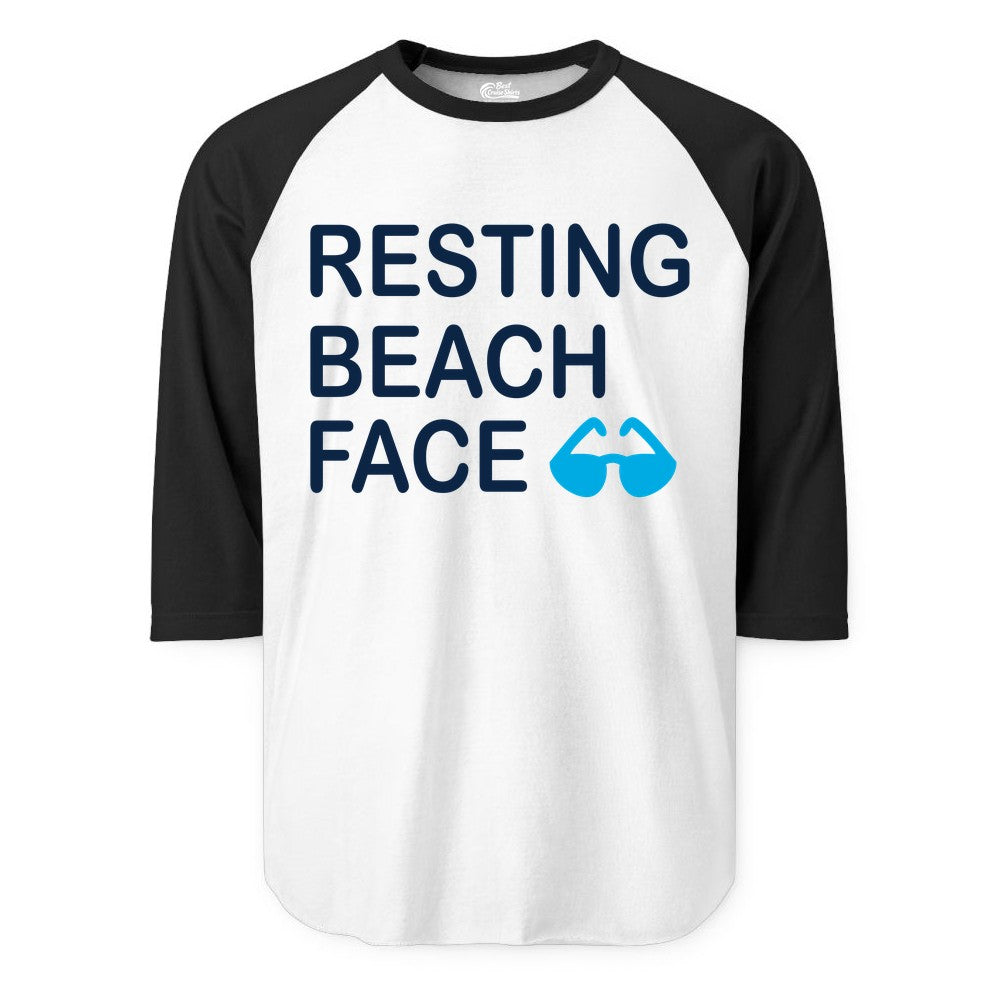 Resting Beach Face Shirt - Funny Beach Shirt with Sunglasses Graphic (Raglan) in WhiteBlack - Resting Beach Face Shirt - Funny Beach Phrase With Blue Sunglasses
