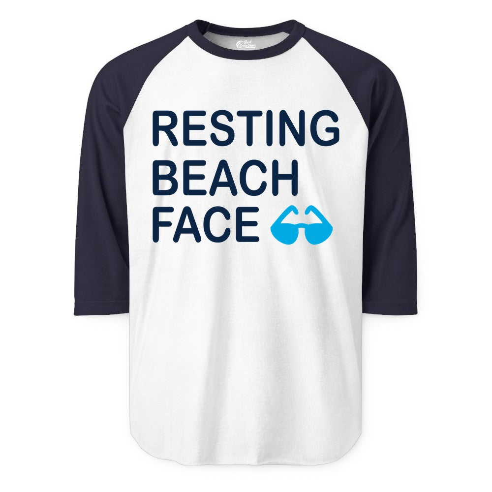 Resting Beach Face Shirt - Funny Beach Shirt with Sunglasses Graphic (Raglan) in WhiteNavy - Resting Beach Face Shirt - Funny Beach Phrase With Blue Sunglasses