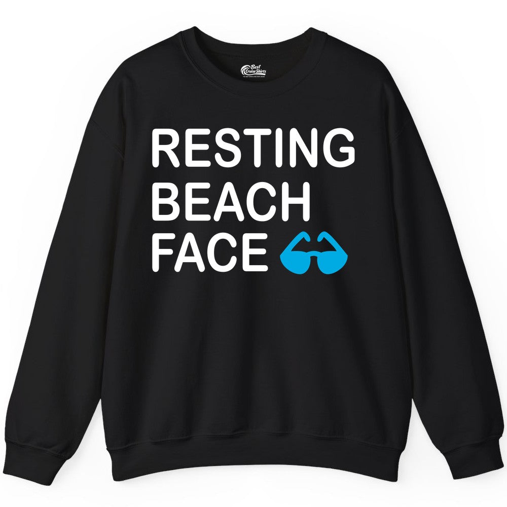 Resting Beach Face Shirt - Funny Beach Shirt with Sunglasses Graphic (Sweatshirt) in Black - Resting Beach Face Shirt - Funny Beach Phrase With Blue Sunglasses