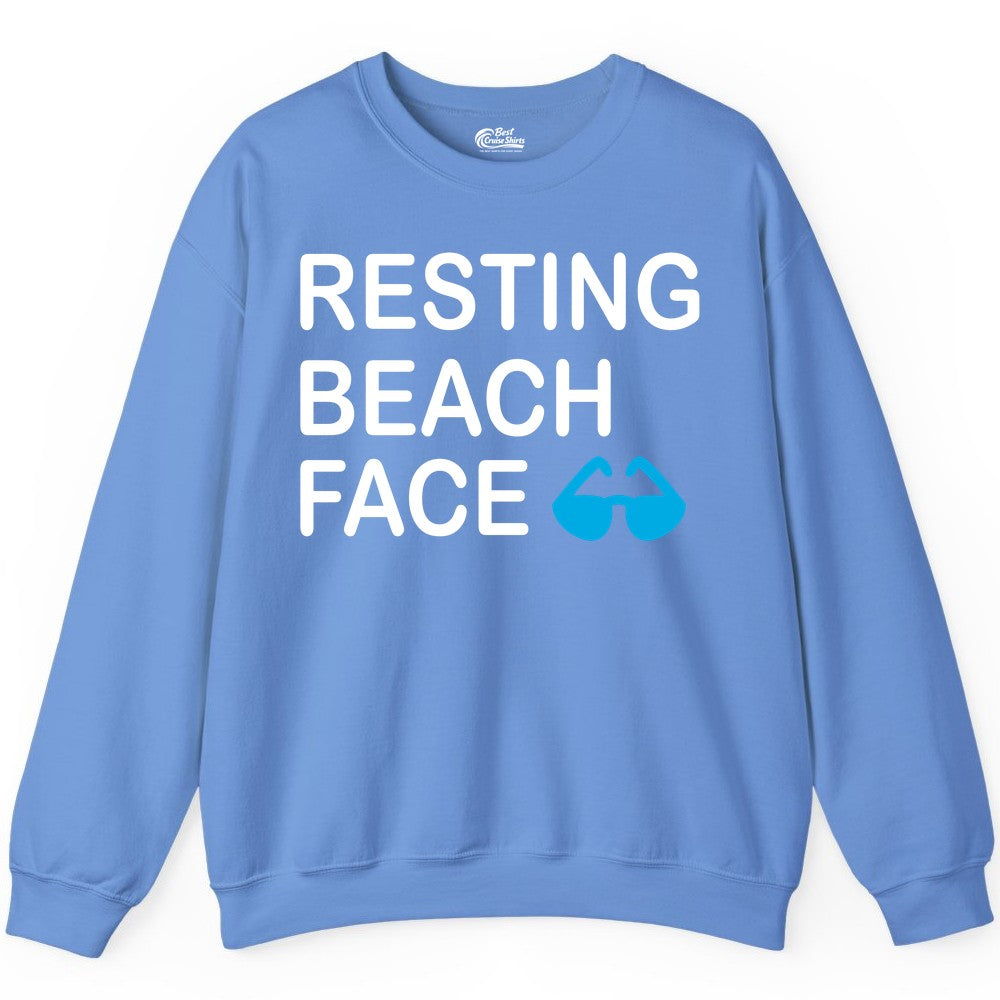 Resting Beach Face Shirt - Funny Beach Shirt with Sunglasses Graphic (Sweatshirt) in Carolina Blue - Resting Beach Face Shirt - Funny Beach Phrase With Blue Sunglasses
