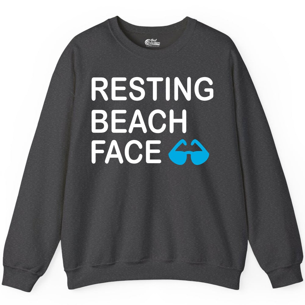 Resting Beach Face Shirt - Funny Beach Shirt with Sunglasses Graphic (Sweatshirt) in Dark Heather - Resting Beach Face Shirt - Funny Beach Phrase With Blue Sunglasses