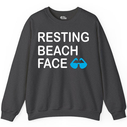 Resting Beach Face Shirt - Funny Beach Shirt with Sunglasses Graphic (Sweatshirt) in Dark Heather - Resting Beach Face Shirt - Funny Beach Phrase With Blue Sunglasses