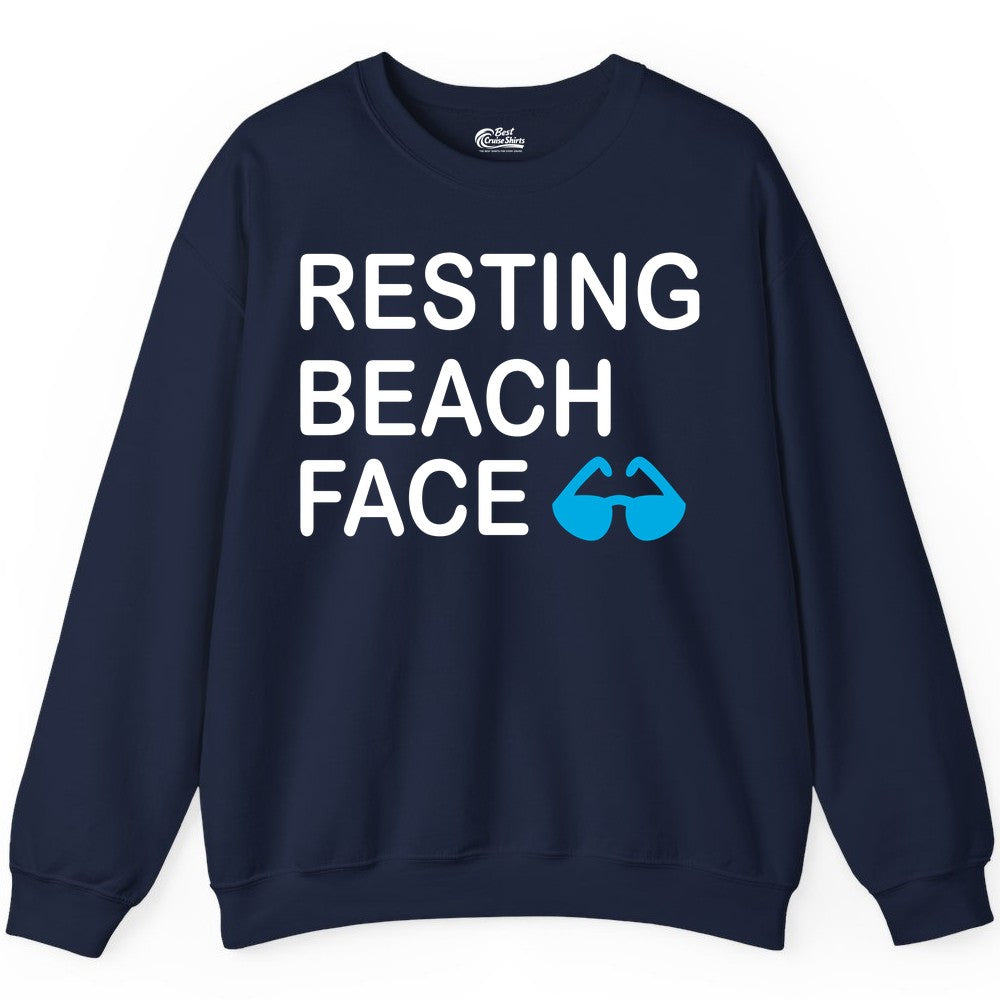 Resting Beach Face Shirt - Funny Beach Shirt with Sunglasses Graphic (Sweatshirt) in Navy - Resting Beach Face Shirt - Funny Beach Phrase With Blue Sunglasses