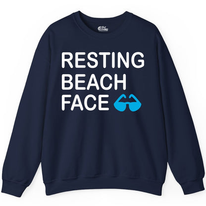 Resting Beach Face Shirt - Funny Beach Shirt with Sunglasses Graphic (Sweatshirt) in Navy - Resting Beach Face Shirt - Funny Beach Phrase With Blue Sunglasses