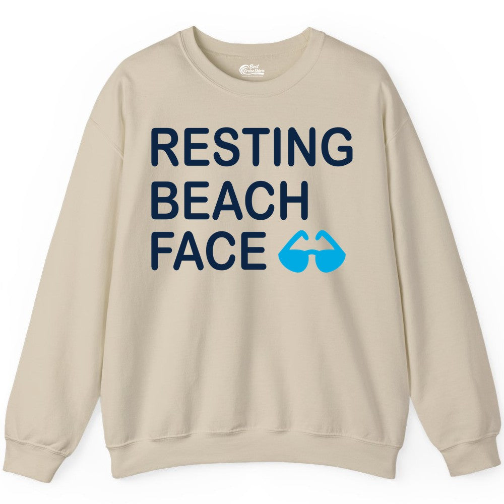 Resting Beach Face Shirt - Funny Beach Shirt with Sunglasses Graphic (Sweatshirt) in Sand - Resting Beach Face Shirt - Funny Beach Phrase With Blue Sunglasses
