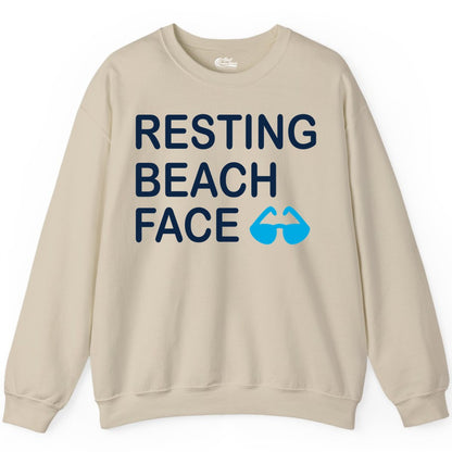 Resting Beach Face Shirt - Funny Beach Shirt with Sunglasses Graphic (Sweatshirt) in Sand - Resting Beach Face Shirt - Funny Beach Phrase With Blue Sunglasses