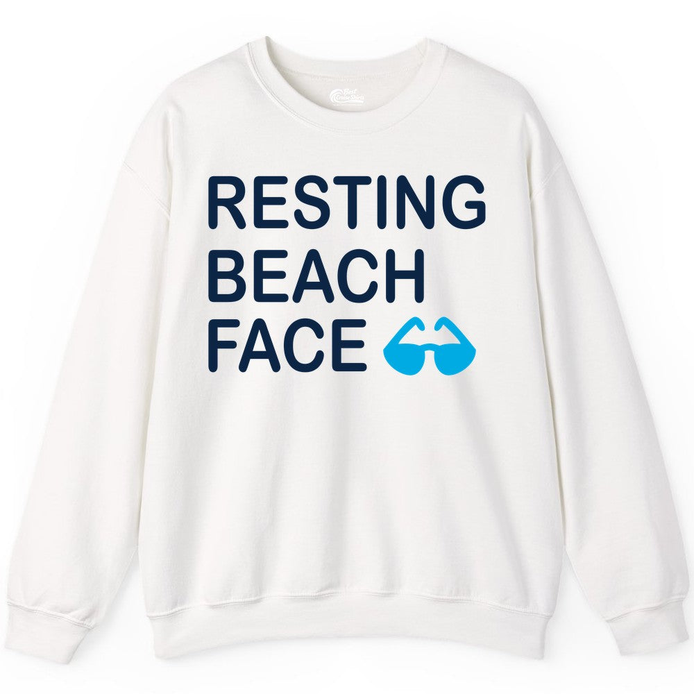 Resting Beach Face Shirt - Funny Beach Shirt with Sunglasses Graphic (Sweatshirt) in White - Resting Beach Face Shirt - Funny Beach Phrase With Blue Sunglasses