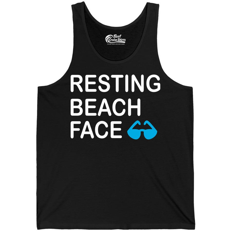 Resting Beach Face Shirt - Funny Beach Shirt with Sunglasses Graphic (Tank Top) in Black - Resting Beach Face Shirt - Funny Beach Phrase With Blue Sunglasses