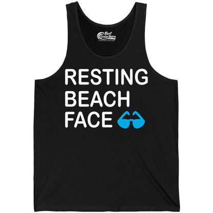 Resting Beach Face Shirt - Funny Beach Shirt with Sunglasses Graphic (Tank Top) in Black - Resting Beach Face Shirt - Funny Beach Phrase With Blue Sunglasses