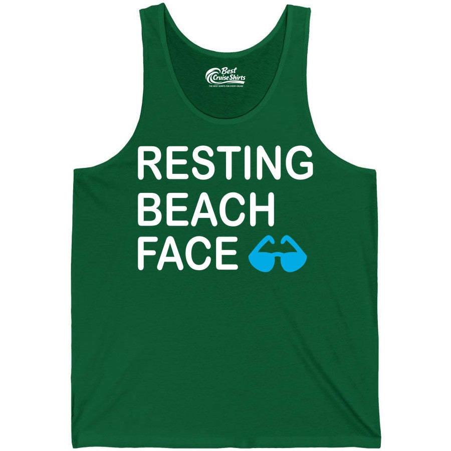 Resting Beach Face Shirt - Funny Beach Shirt with Sunglasses Graphic (Tank Top) in Kelly - Resting Beach Face Shirt - Funny Beach Phrase With Blue Sunglasses