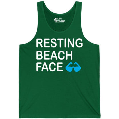 Resting Beach Face Shirt - Funny Beach Shirt with Sunglasses Graphic (Tank Top) in Kelly - Resting Beach Face Shirt - Funny Beach Phrase With Blue Sunglasses
