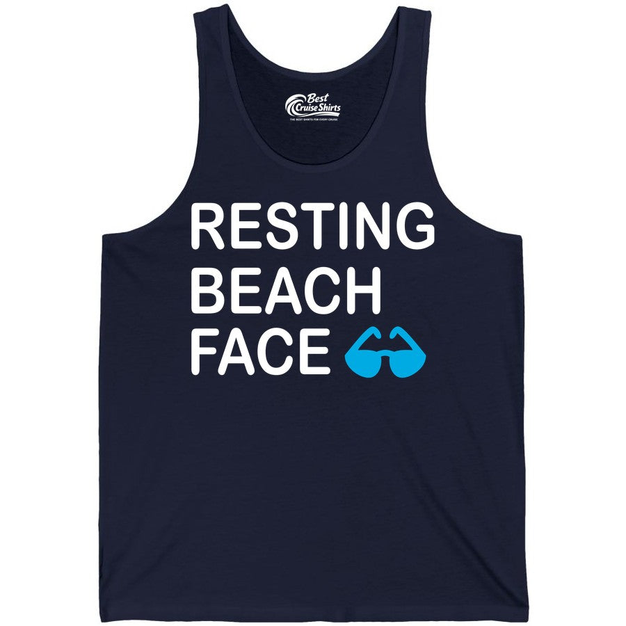 Resting Beach Face Shirt - Funny Beach Shirt with Sunglasses Graphic (Tank Top) in Navy - Resting Beach Face Shirt - Funny Beach Phrase With Blue Sunglasses