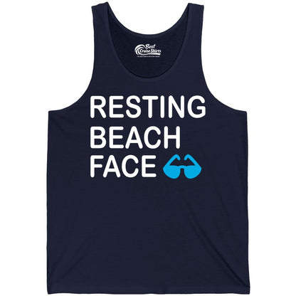 Resting Beach Face Shirt - Funny Beach Shirt with Sunglasses Graphic (Tank Top) in Navy - Resting Beach Face Shirt - Funny Beach Phrase With Blue Sunglasses