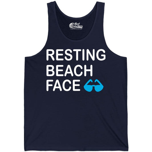 Resting Beach Face Shirt - Funny Beach Shirt with Sunglasses Graphic (Tank Top) in Navy - Resting Beach Face Shirt - Funny Beach Phrase With Blue Sunglasses