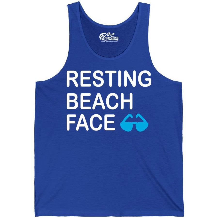 Resting Beach Face Shirt - Funny Beach Shirt with Sunglasses Graphic (Tank Top) in True Royal - Resting Beach Face Shirt - Funny Beach Phrase With Blue Sunglasses