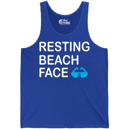 Resting Beach Face Shirt - Funny Beach Shirt with Sunglasses Graphic (Tank Top) in True Royal - Resting Beach Face Shirt - Funny Beach Phrase With Blue Sunglasses
