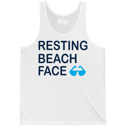 Resting Beach Face Shirt - Funny Beach Shirt with Sunglasses Graphic (Tank Top) in White - Resting Beach Face Shirt - Funny Beach Phrase With Blue Sunglasses
