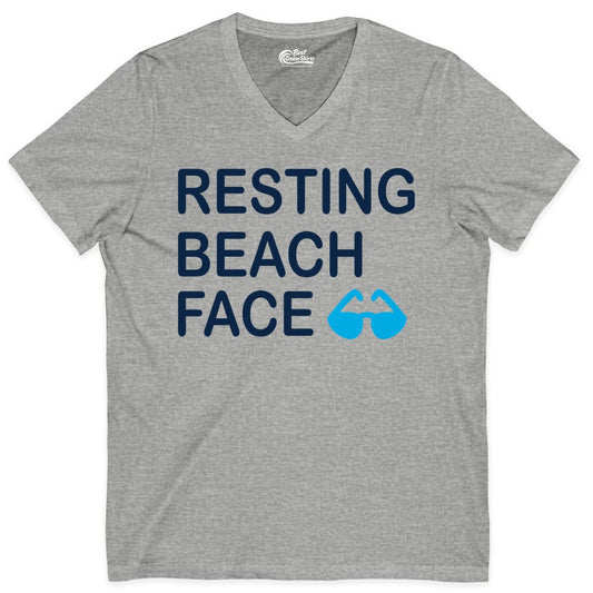 Resting Beach Face Shirt - Funny Beach Shirt with Sunglasses Graphic (V-Neck) in Athletic Heather - Resting Beach Face Shirt - Funny Beach Phrase With Blue Sunglasses