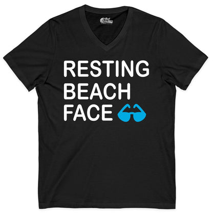 Resting Beach Face Shirt - Funny Beach Shirt with Sunglasses Graphic (V-Neck) in Black - Resting Beach Face Shirt - Funny Beach Phrase With Blue Sunglasses