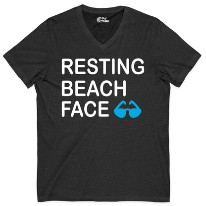 Resting Beach Face Shirt - Funny Beach Shirt with Sunglasses Graphic (V-Neck) in Dark Grey Heather - Resting Beach Face Shirt - Funny Beach Phrase With Blue Sunglasses