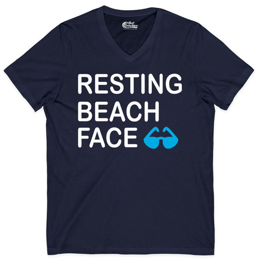 Resting Beach Face Shirt - Funny Beach Shirt with Sunglasses Graphic (V-Neck) in Navy - Resting Beach Face Shirt - Funny Beach Phrase With Blue Sunglasses