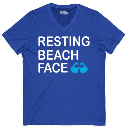 Resting Beach Face Shirt - Funny Beach Shirt with Sunglasses Graphic (V-Neck) in True Royal - Resting Beach Face Shirt - Funny Beach Phrase With Blue Sunglasses