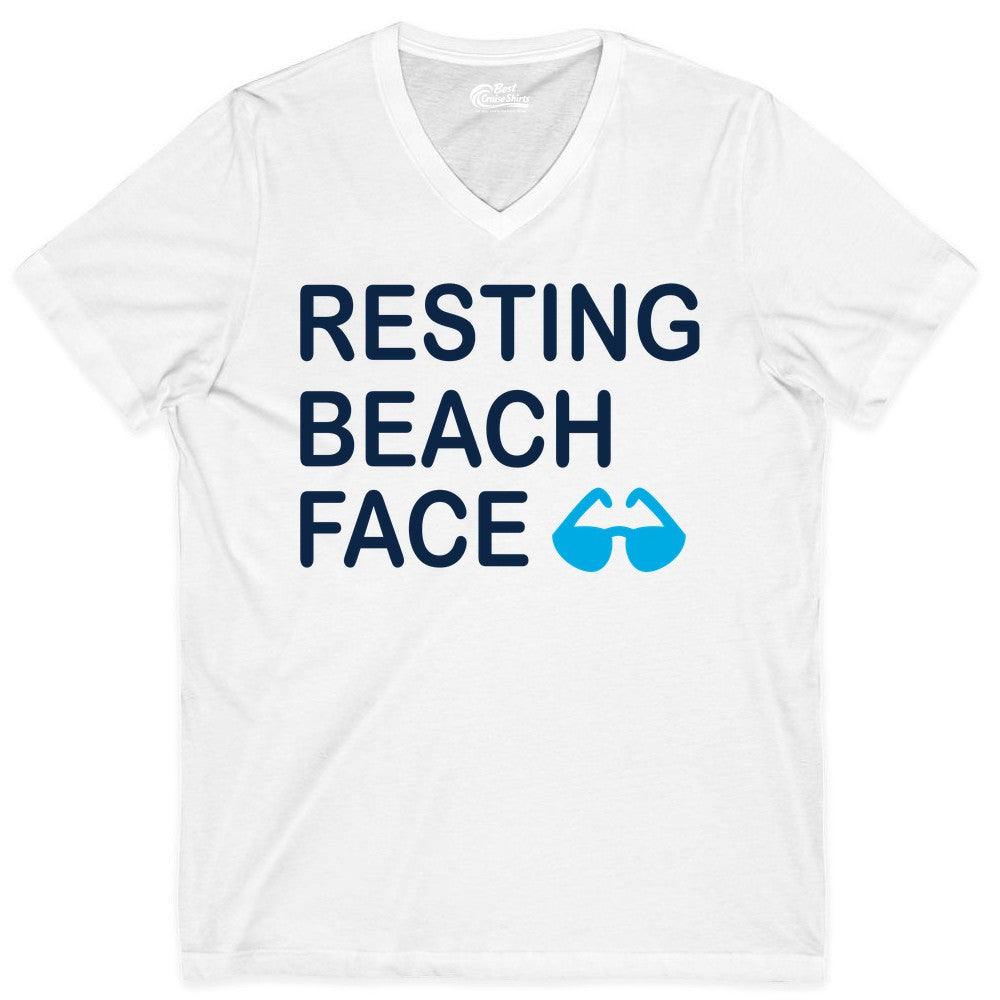 Resting Beach Face Shirt - Funny Beach Shirt with Sunglasses Graphic (V-Neck) in White - Resting Beach Face Shirt - Funny Beach Phrase With Blue Sunglasses