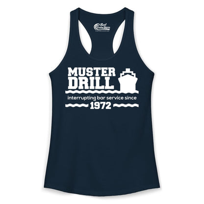 Funny Cruise Shirt - Humorous Muster Drill Ship Tee for Travelers (Ladies Tank) in Solid Midnight Navy - Funny Muster Drill Cruise Shirt - Retro Nautical Ship Bar Humor Tee