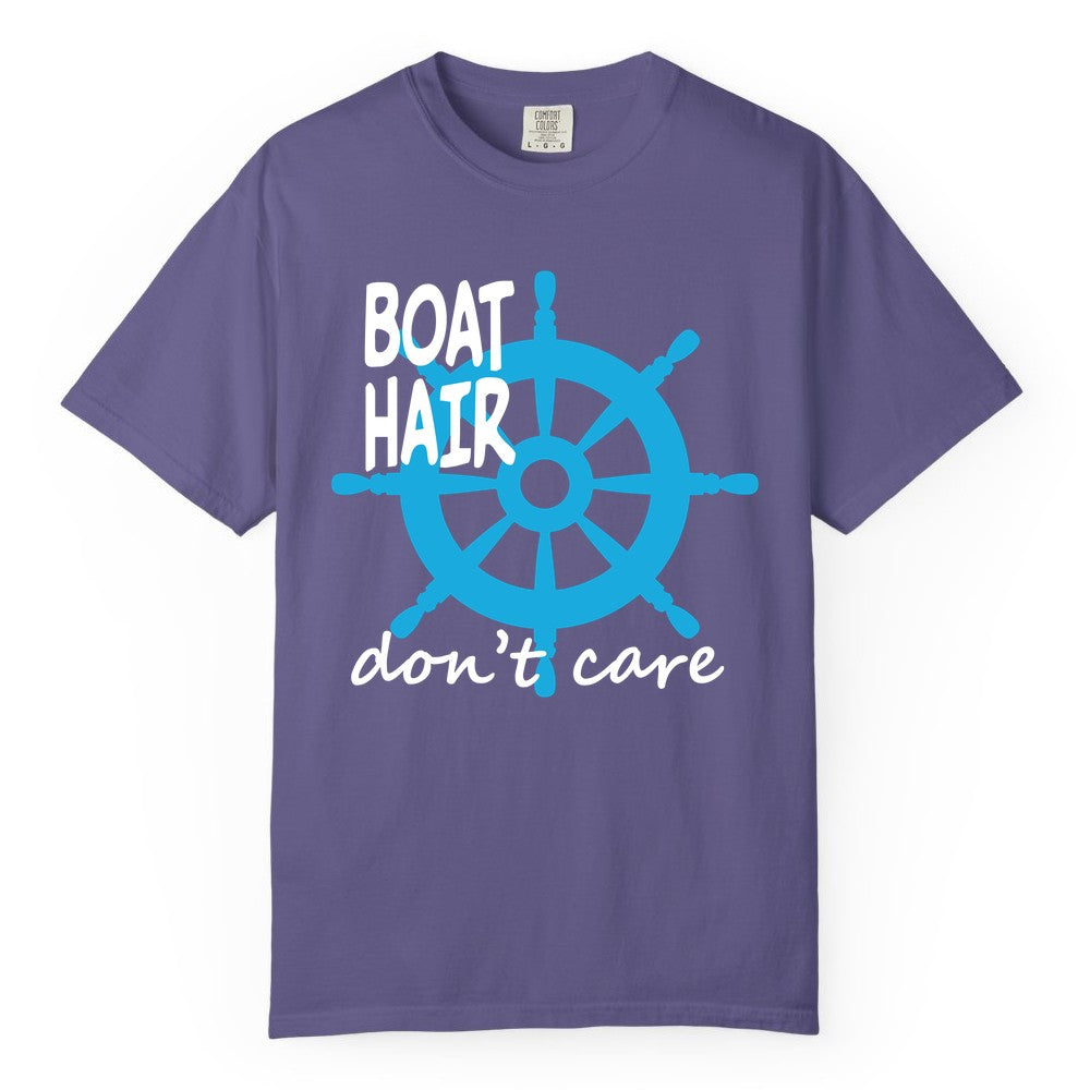 Boat Hair Don't Care Shirt - Funny Nautical T-Shirt for Boaters (Comfort Color) in Grape - Boat Hair Don't Care Nautical Wheel Shirt for Lake and Marina