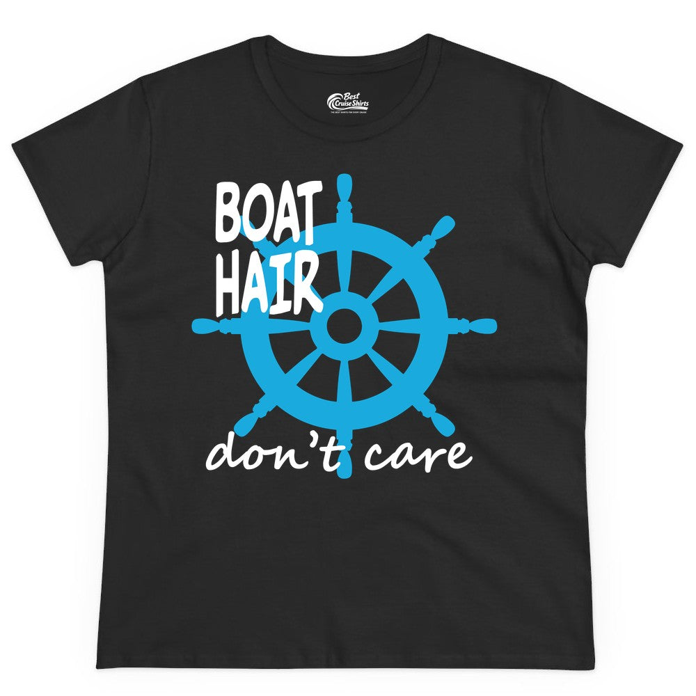 Boat Hair Don't Care Shirt - Funny Nautical T-Shirt for Boaters (Ladies Tee) in Black - Boat Hair Don't Care Nautical Wheel Shirt for Lake and Marina