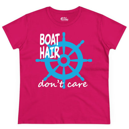 Boat Hair Don't Care Shirt - Funny Nautical T-Shirt for Boaters (Ladies Tee) in Heliconia - Boat Hair Don't Care Nautical Wheel Shirt for Lake and Marina