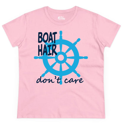 Boat Hair Don't Care Shirt - Funny Nautical T-Shirt for Boaters (Ladies Tee) in Light Pink - Boat Hair Don't Care Nautical Wheel Shirt for Lake and Marina