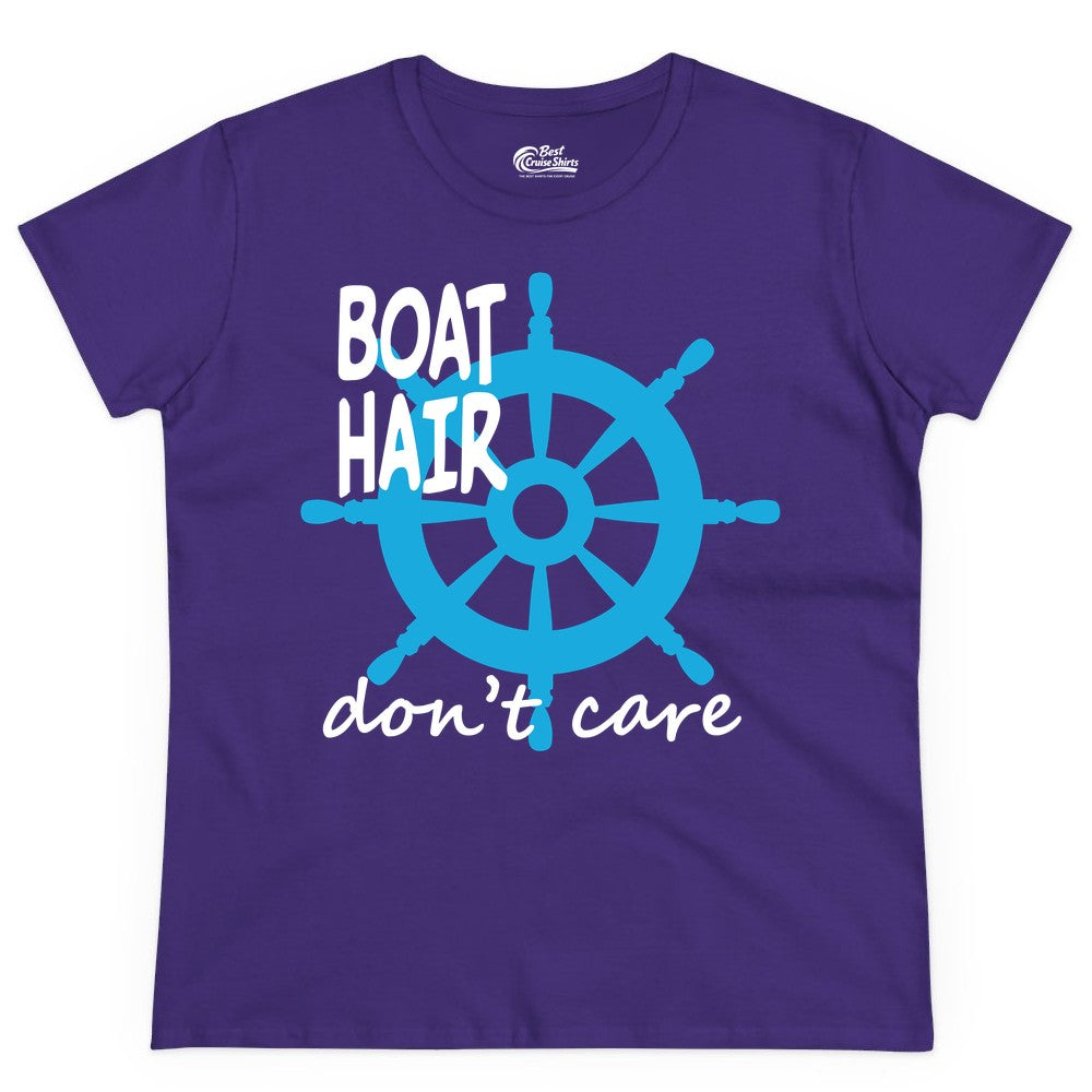 Boat Hair Don't Care Shirt - Funny Nautical T-Shirt for Boaters (Ladies Tee) in Purple - Boat Hair Don't Care Nautical Wheel Shirt for Lake and Marina
