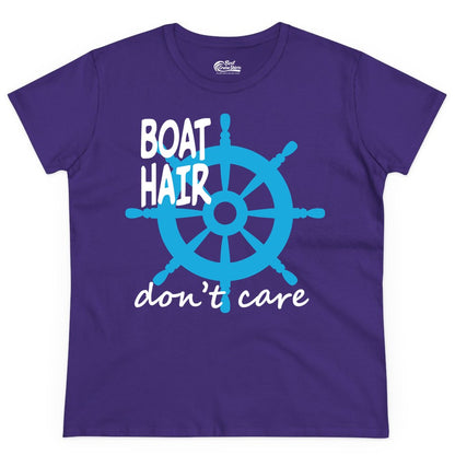 Boat Hair Don't Care Shirt - Funny Nautical T-Shirt for Boaters (Ladies Tee) in Purple - Boat Hair Don't Care Nautical Wheel Shirt for Lake and Marina