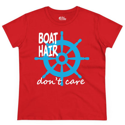 Boat Hair Don't Care Shirt - Funny Nautical T-Shirt for Boaters (Ladies Tee) in Red - Boat Hair Don't Care Nautical Wheel Shirt for Lake and Marina