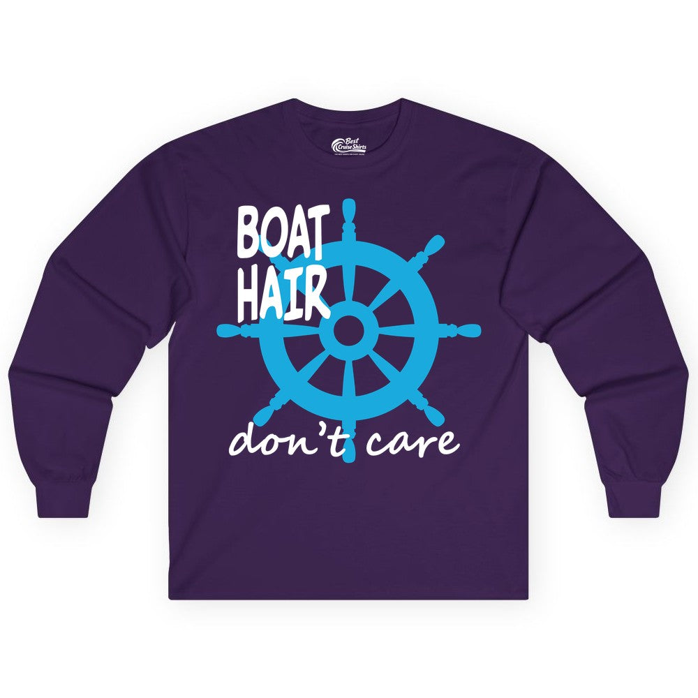 Boat Hair Don't Care Shirt - Funny Nautical T-Shirt for Boaters (Long Sleeve) in Purple - Boat Hair Don't Care Nautical Wheel Shirt for Lake and Marina