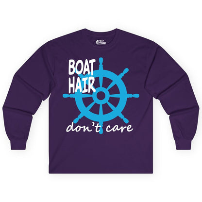 Boat Hair Don't Care Shirt - Funny Nautical T-Shirt for Boaters (Long Sleeve) in Purple - Boat Hair Don't Care Nautical Wheel Shirt for Lake and Marina