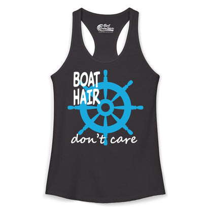 Boat Hair Don't Care Shirt - Funny Nautical T-Shirt for Boaters (Ladies Tank) in Black - Boat Hair Don't Care Nautical Wheel Shirt for Lake and Marina