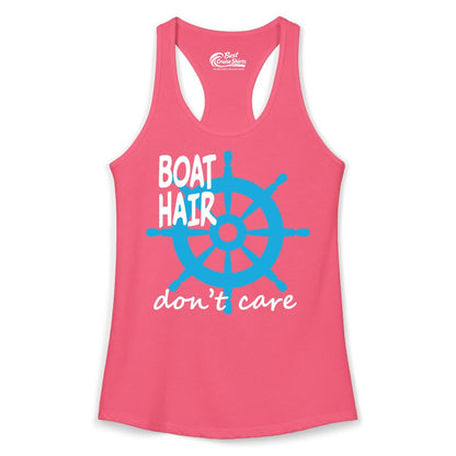 Boat Hair Don't Care Shirt - Funny Nautical T-Shirt for Boaters (Ladies Tank) in Hot Pink - Boat Hair Don't Care Nautical Wheel Shirt for Lake and Marina