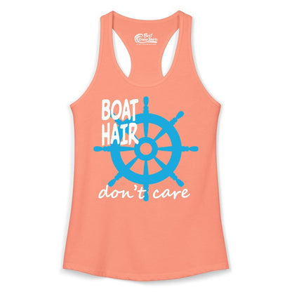 Boat Hair Don't Care Shirt - Funny Nautical T-Shirt for Boaters (Ladies Tank) in Solid Light Orange - Boat Hair Don't Care Nautical Wheel Shirt for Lake and Marina