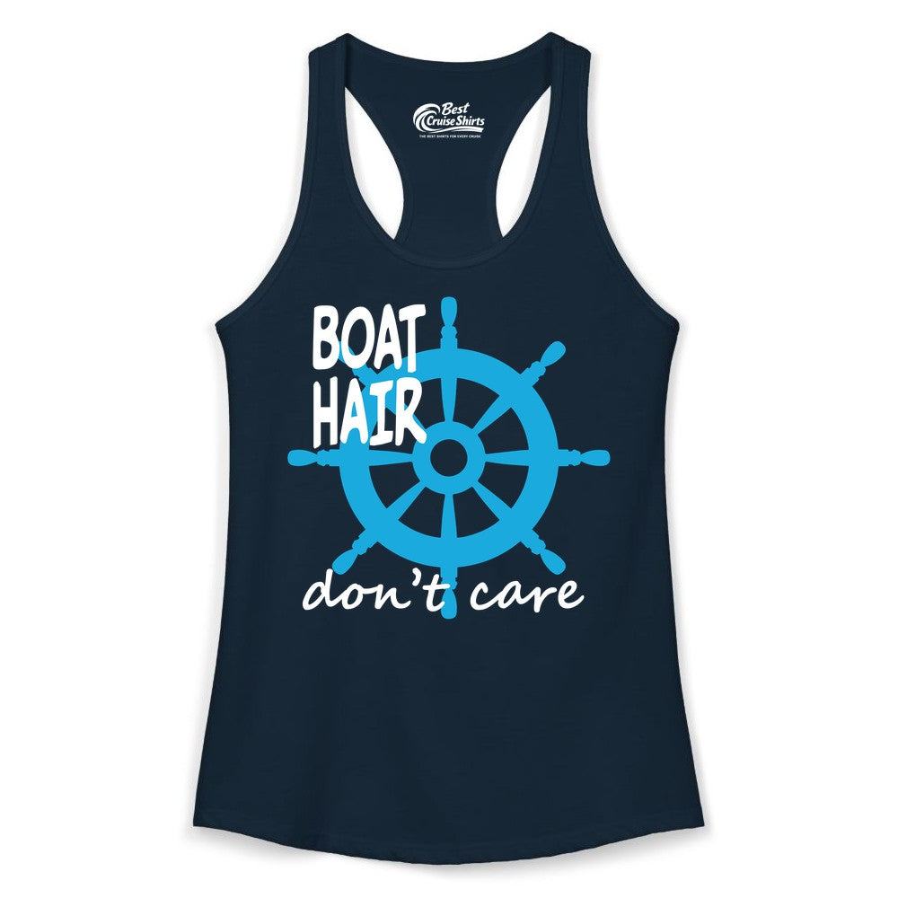 Boat Hair Don't Care Shirt - Funny Nautical T-Shirt for Boaters (Ladies Tank) in Solid Midnight Navy - Boat Hair Don't Care Nautical Wheel Shirt for Lake and Marina