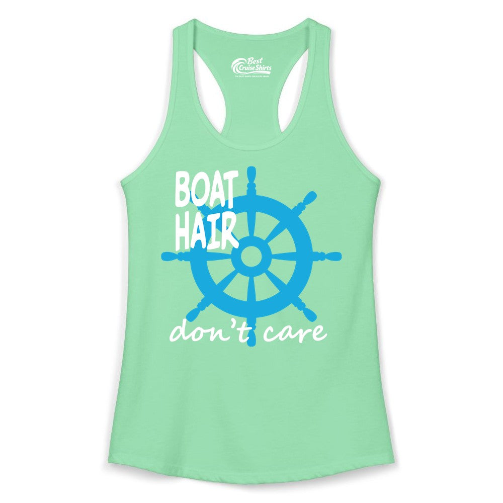 Boat Hair Don't Care Shirt - Funny Nautical T-Shirt for Boaters (Ladies Tank) in Solid Mint - Boat Hair Don't Care Nautical Wheel Shirt for Lake and Marina