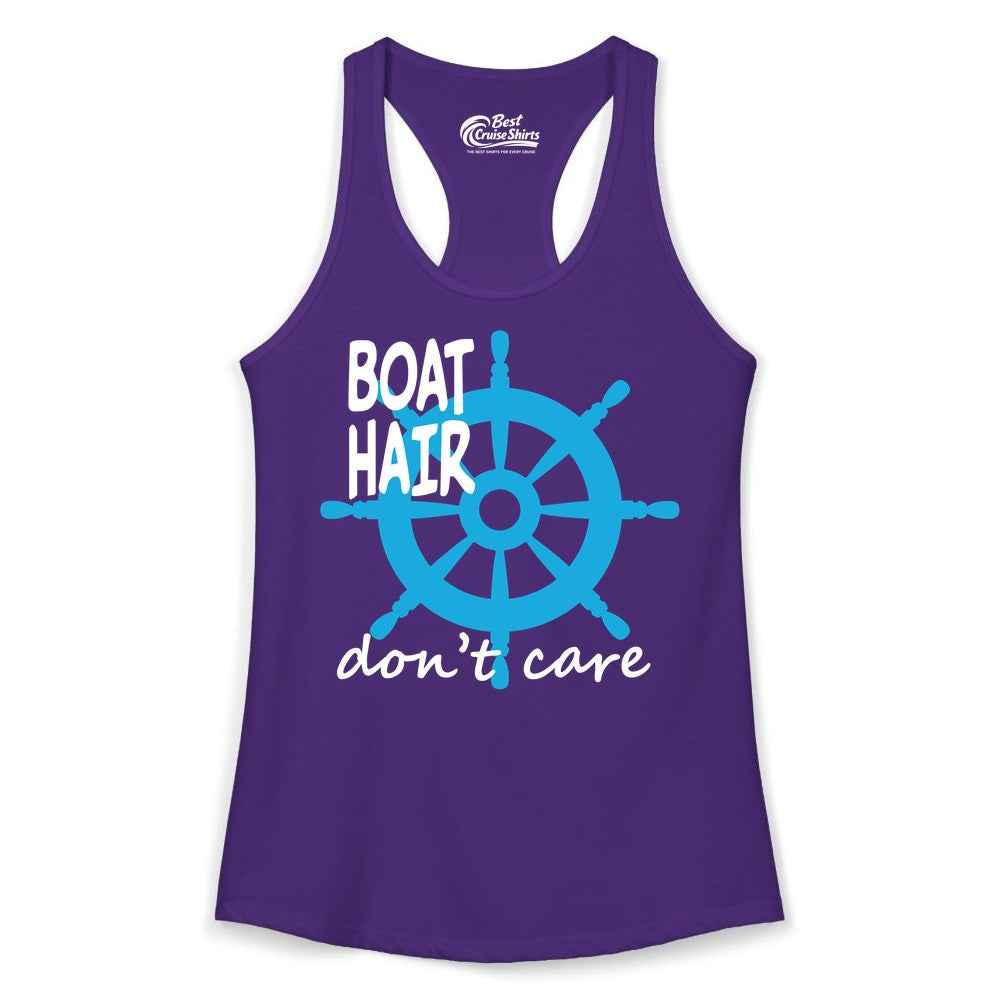 Boat Hair Don't Care Shirt - Funny Nautical T-Shirt for Boaters (Ladies Tank) in Solid Purple Rush - Boat Hair Don't Care Nautical Wheel Shirt for Lake and Marina