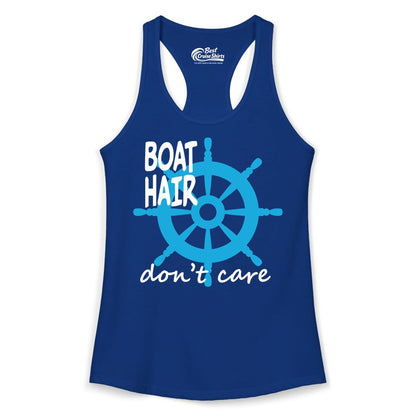 Boat Hair Don't Care Shirt - Funny Nautical T-Shirt for Boaters (Ladies Tank) in Solid Royal - Boat Hair Don't Care Nautical Wheel Shirt for Lake and Marina