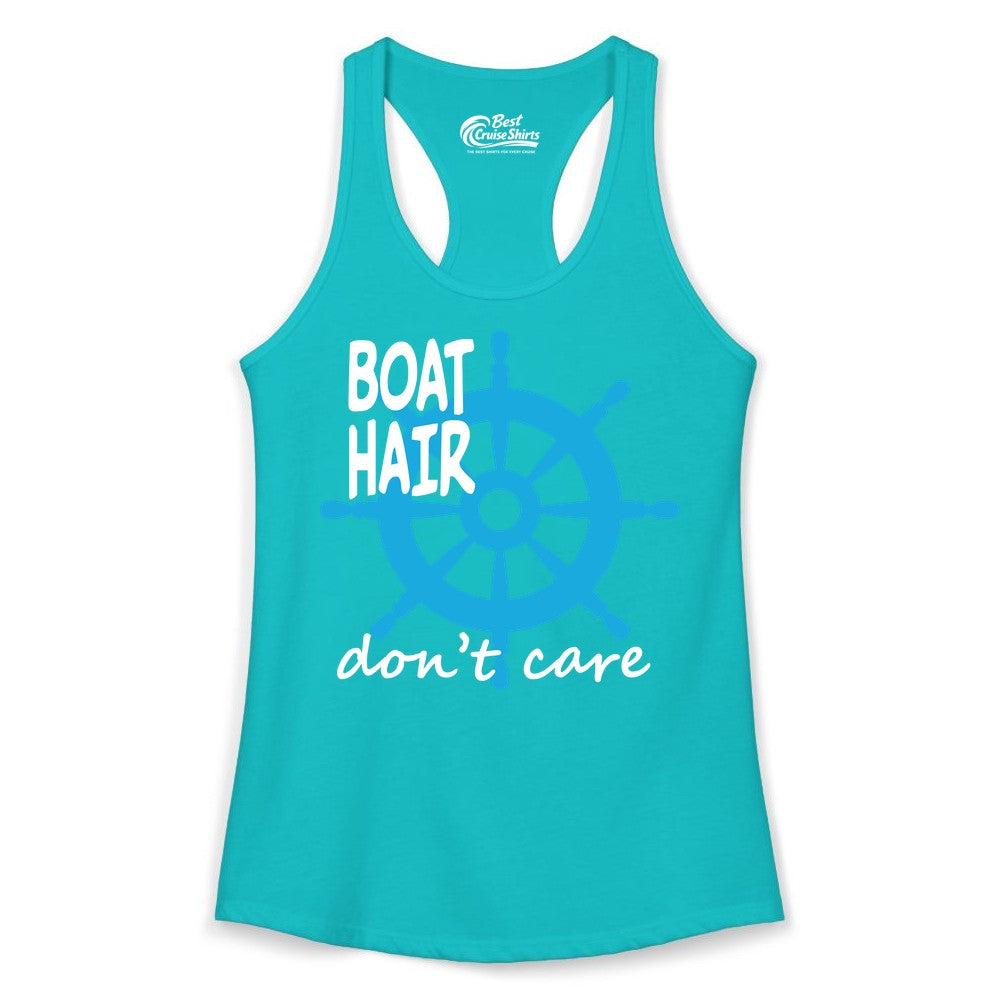 Boat Hair Don't Care Shirt - Funny Nautical T-Shirt for Boaters (Ladies Tank) in Tahiti Blue - Boat Hair Don't Care Nautical Wheel Shirt for Lake and Marina