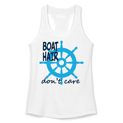 Boat Hair Don't Care Shirt - Funny Nautical T-Shirt for Boaters (Ladies Tank) in White - Boat Hair Don't Care Nautical Wheel Shirt for Lake and Marina